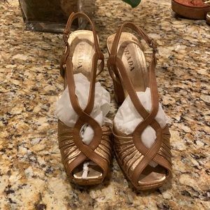 Women’s Prada Heels | Gold Cork Wedge